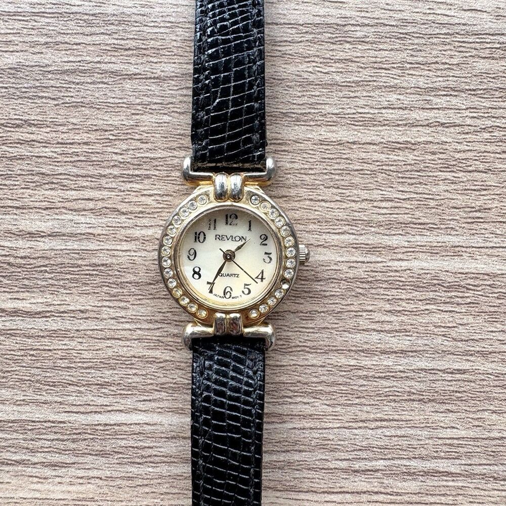 Vintage Revlon Rhinestone Bezel Quartz Watch Black Lizard Strap Not Working